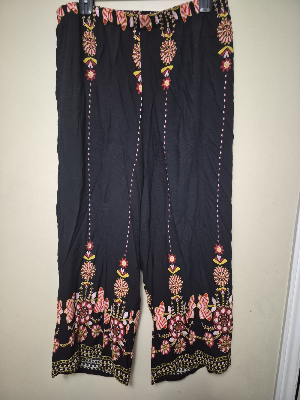 Cider Black Wide-Leg Pants with Pink & Yellow Floral Embroidery